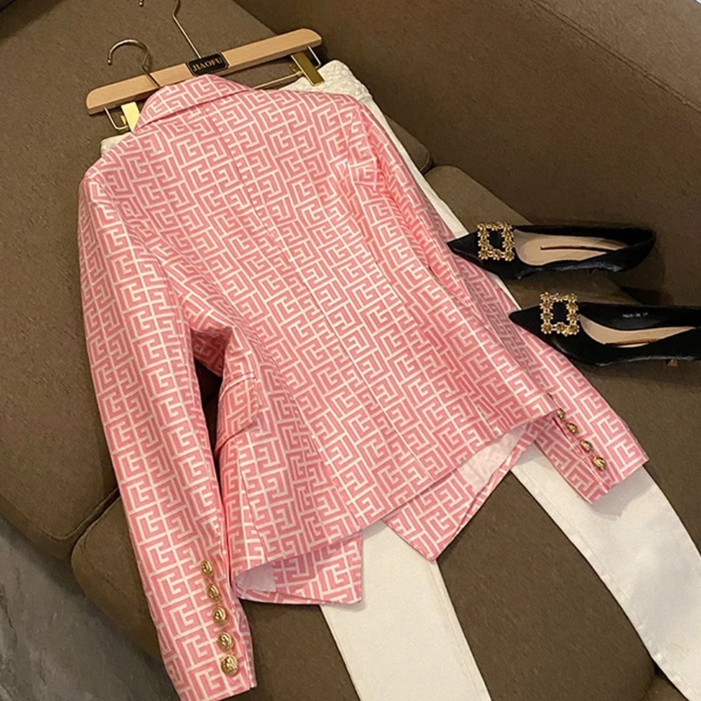 Pink Patterned Double-Breasted Blazer - Picture 6 of 7